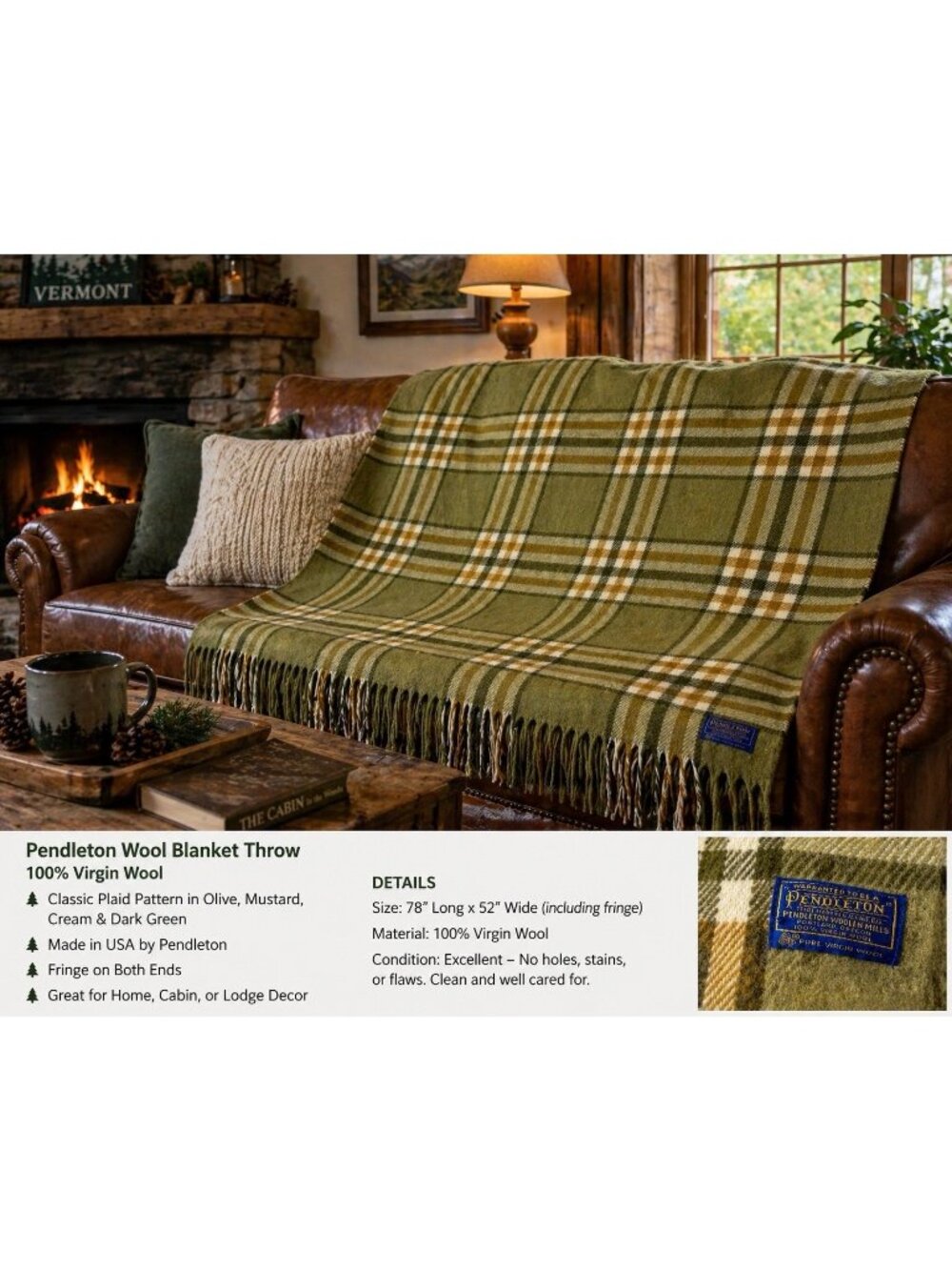 Vintage Wool Pendleton Throw Cabin  Cottage Decor 78 Long 52 Wide 💛